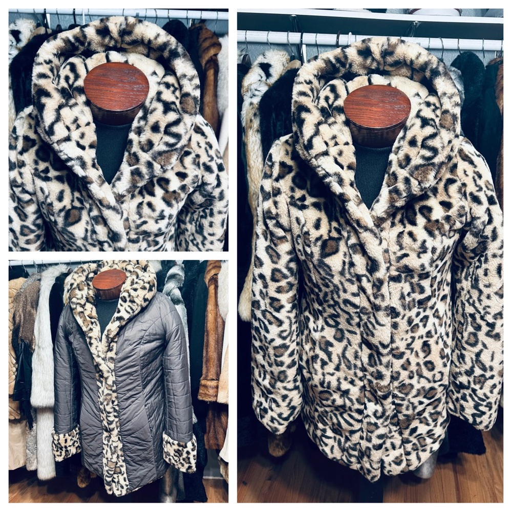 Dennis by Dennis Basso Reversible Leopard Print Hooded Faux Fur Coat